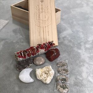 Aviva Stanoff Carved Wooden Box With Sage and Assort Crystals  New